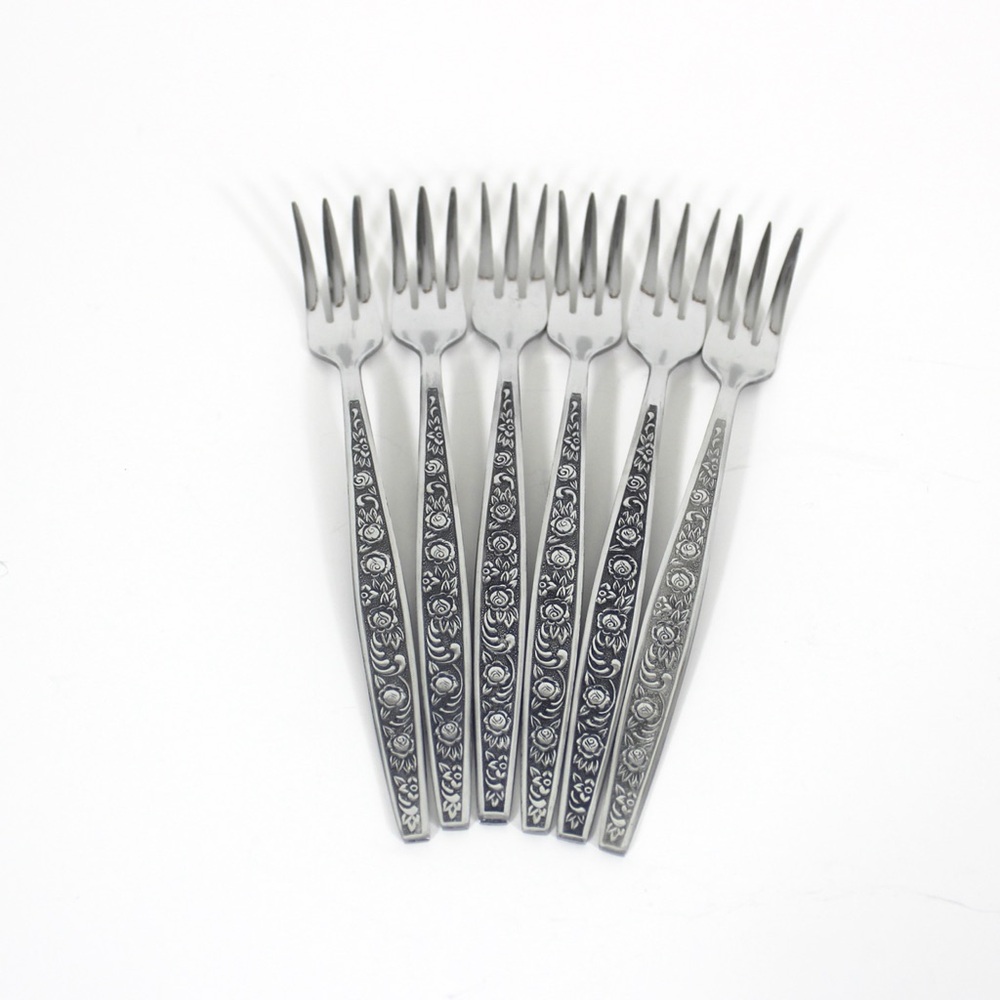 6 ANTIGUA Vintage Stainless Cocktail Forks, Mid Century Modern Black Detail